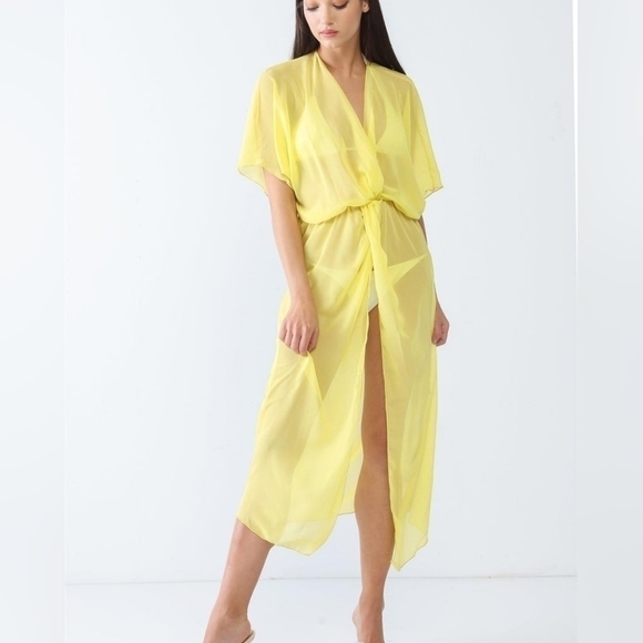 None Other - Sheer Yellow Kimono Wrap Dress | Flowy & Flirty Cover-Up